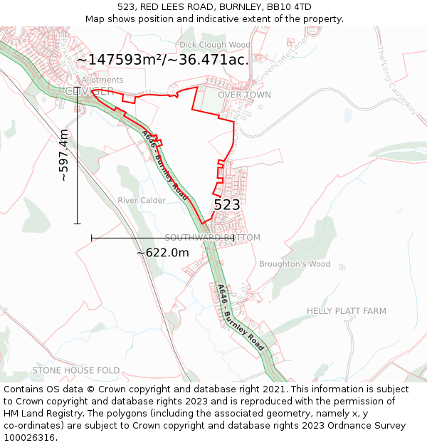 523, RED LEES ROAD, BURNLEY, BB10 4TD: Plot and title map