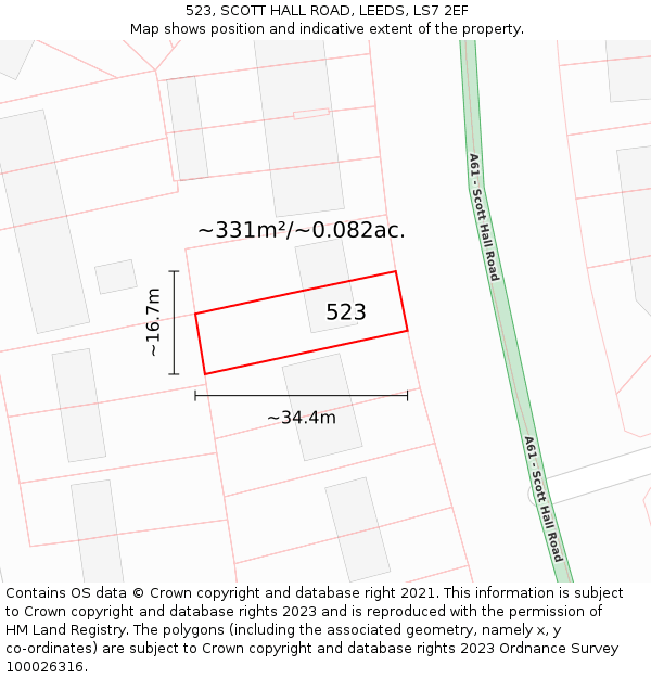523, SCOTT HALL ROAD, LEEDS, LS7 2EF: Plot and title map