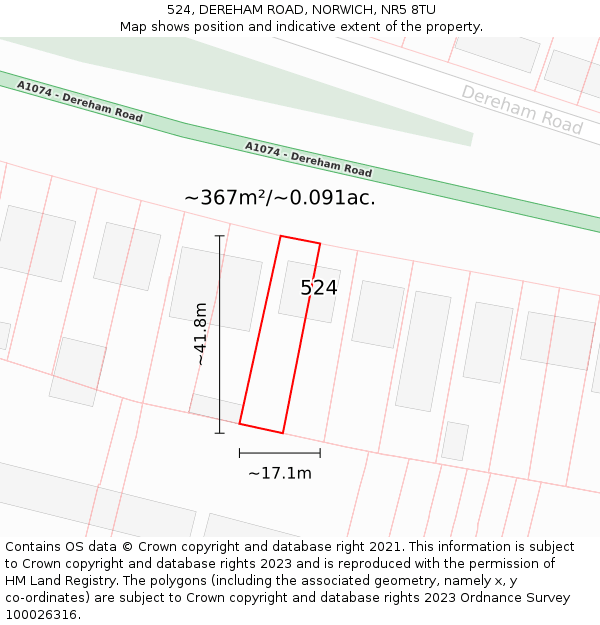 524, DEREHAM ROAD, NORWICH, NR5 8TU: Plot and title map