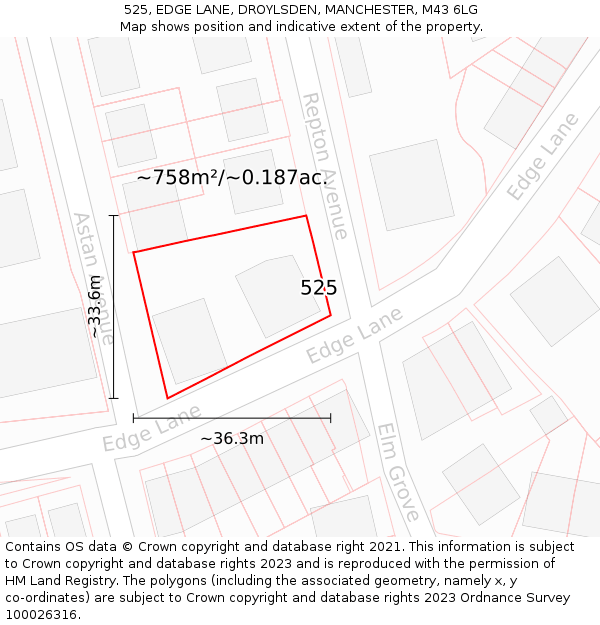 525, EDGE LANE, DROYLSDEN, MANCHESTER, M43 6LG: Plot and title map