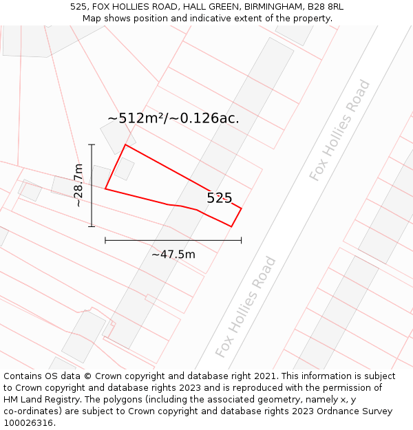 525, FOX HOLLIES ROAD, HALL GREEN, BIRMINGHAM, B28 8RL: Plot and title map