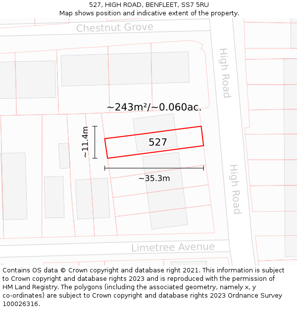 527, HIGH ROAD, BENFLEET, SS7 5RU: Plot and title map