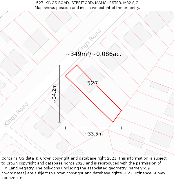 527, KINGS ROAD, STRETFORD, MANCHESTER, M32 8JG: Plot and title map