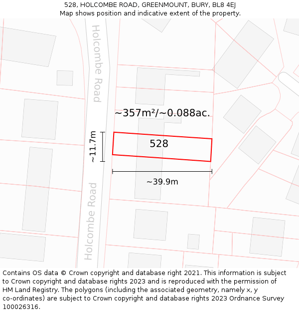 528, HOLCOMBE ROAD, GREENMOUNT, BURY, BL8 4EJ: Plot and title map