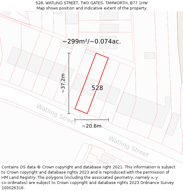 528, WATLING STREET, TWO GATES, TAMWORTH, B77 1HW: Plot and title map