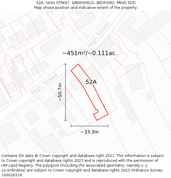 52A, HIGH STREET, GREENFIELD, BEDFORD, MK45 5DD: Plot and title map