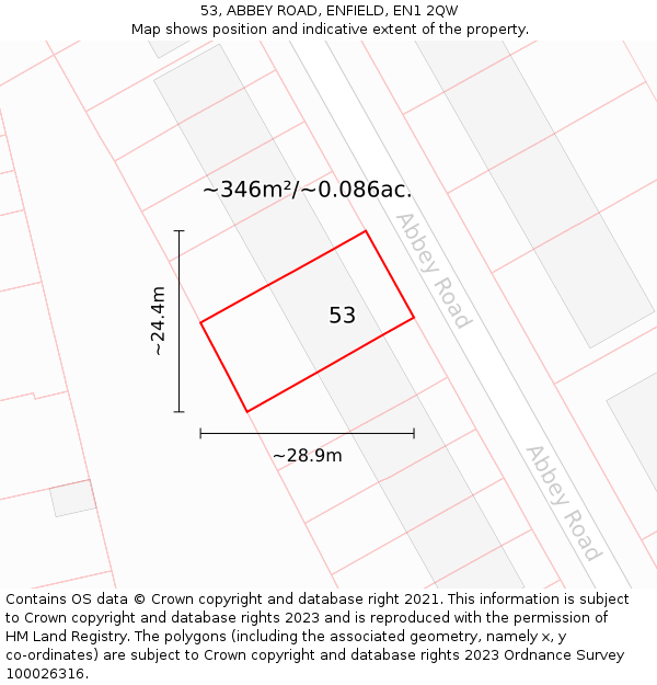 53, ABBEY ROAD, ENFIELD, EN1 2QW: Plot and title map