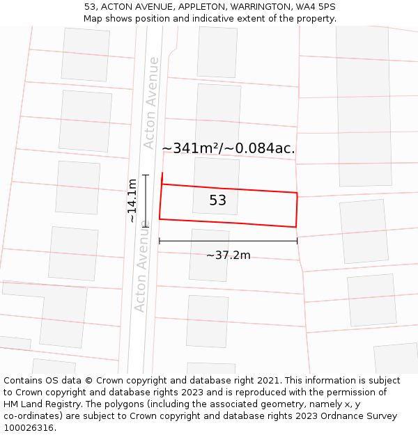 53, ACTON AVENUE, APPLETON, WARRINGTON, WA4 5PS: Plot and title map