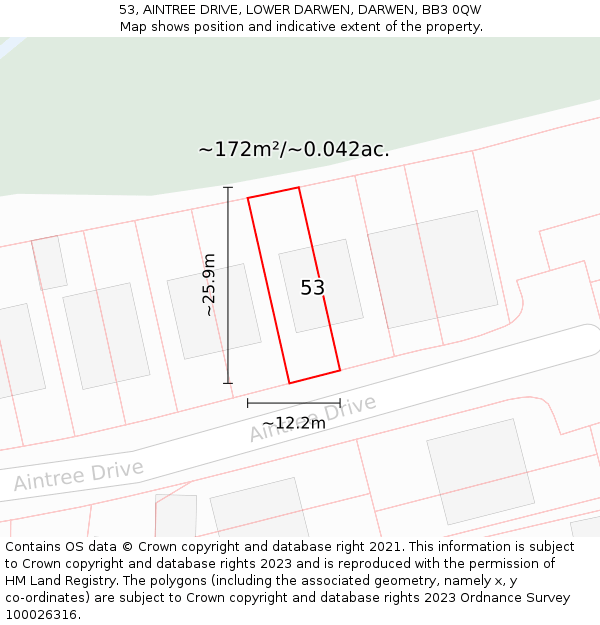 53, AINTREE DRIVE, LOWER DARWEN, DARWEN, BB3 0QW: Plot and title map