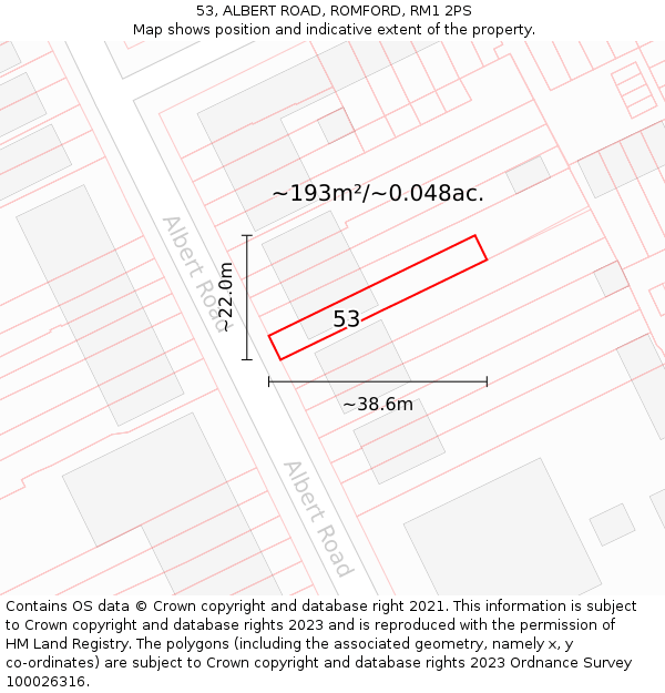 53, ALBERT ROAD, ROMFORD, RM1 2PS: Plot and title map