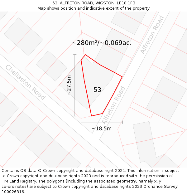 53, ALFRETON ROAD, WIGSTON, LE18 1FB: Plot and title map