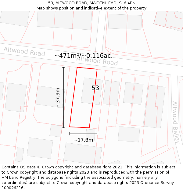 53, ALTWOOD ROAD, MAIDENHEAD, SL6 4PN: Plot and title map