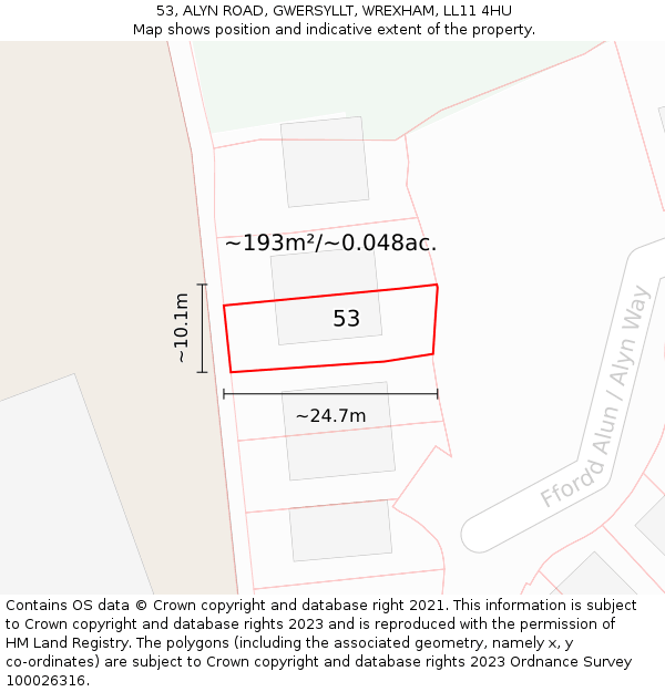 53, ALYN ROAD, GWERSYLLT, WREXHAM, LL11 4HU: Plot and title map