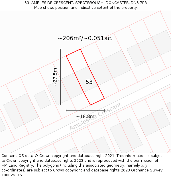 53, AMBLESIDE CRESCENT, SPROTBROUGH, DONCASTER, DN5 7PR: Plot and title map
