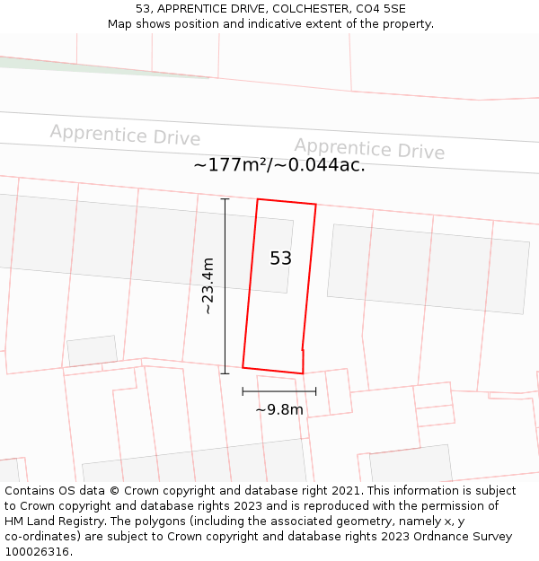 53, APPRENTICE DRIVE, COLCHESTER, CO4 5SE: Plot and title map