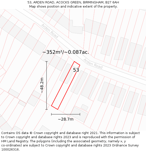 53, ARDEN ROAD, ACOCKS GREEN, BIRMINGHAM, B27 6AH: Plot and title map