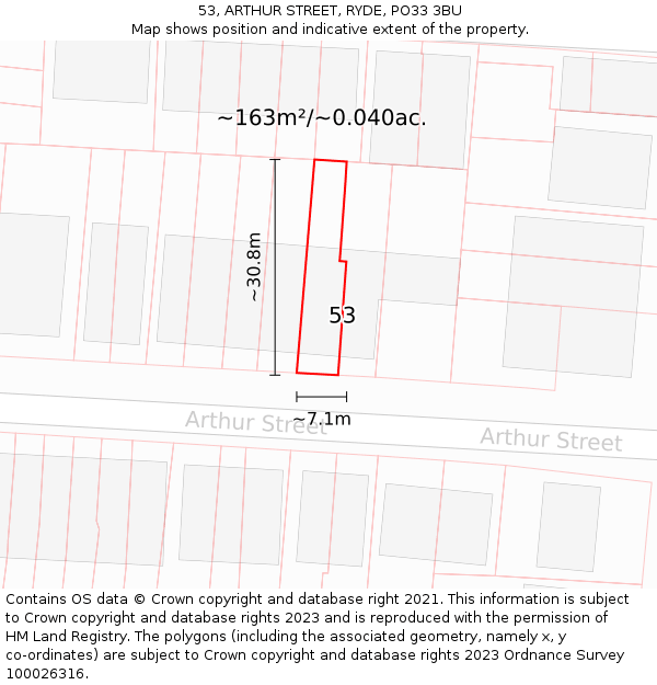 53, ARTHUR STREET, RYDE, PO33 3BU: Plot and title map