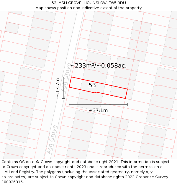 53, ASH GROVE, HOUNSLOW, TW5 9DU: Plot and title map