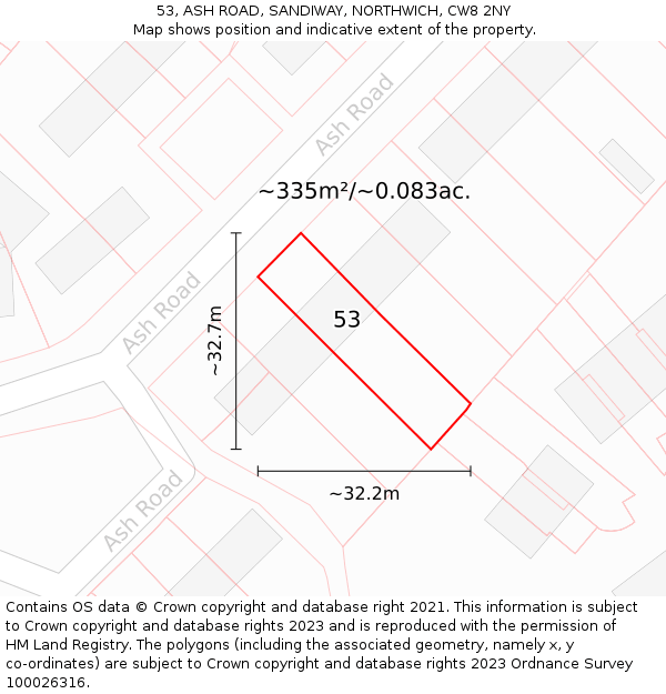 53, ASH ROAD, SANDIWAY, NORTHWICH, CW8 2NY: Plot and title map