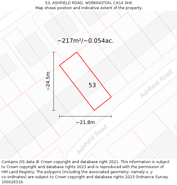53, ASHFIELD ROAD, WORKINGTON, CA14 3HX: Plot and title map
