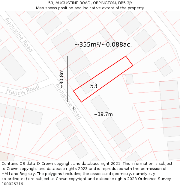 53, AUGUSTINE ROAD, ORPINGTON, BR5 3JY: Plot and title map