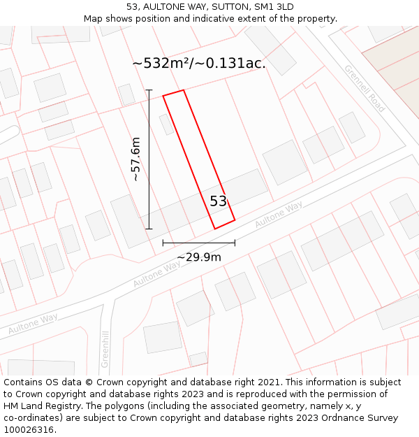 53, AULTONE WAY, SUTTON, SM1 3LD: Plot and title map