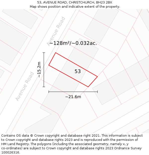 53, AVENUE ROAD, CHRISTCHURCH, BH23 2BX: Plot and title map