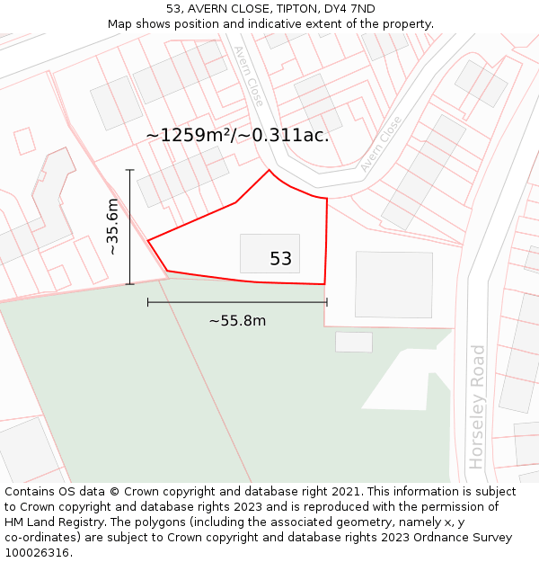 53, AVERN CLOSE, TIPTON, DY4 7ND: Plot and title map