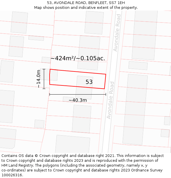 53, AVONDALE ROAD, BENFLEET, SS7 1EH: Plot and title map