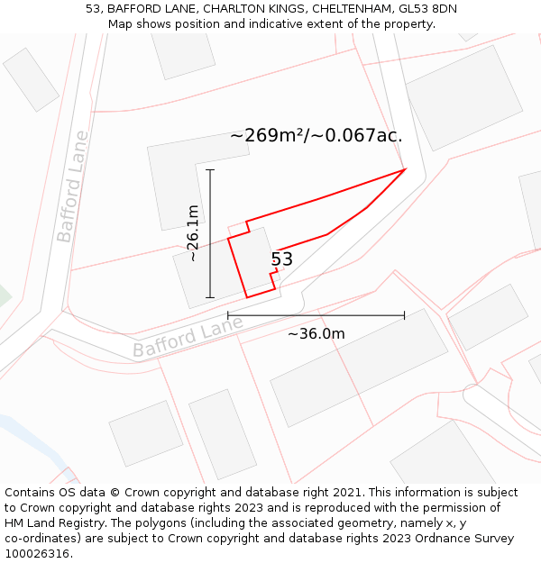 53, BAFFORD LANE, CHARLTON KINGS, CHELTENHAM, GL53 8DN: Plot and title map