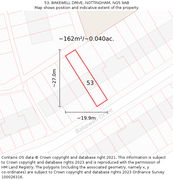 53, BAKEWELL DRIVE, NOTTINGHAM, NG5 9AB: Plot and title map