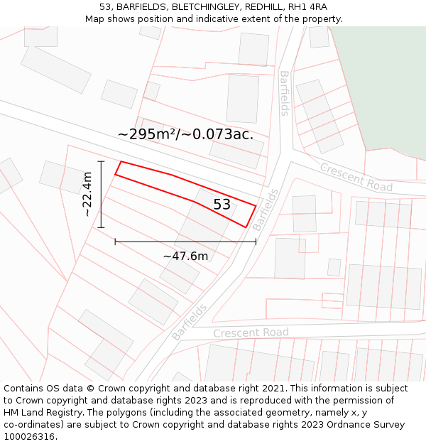 53, BARFIELDS, BLETCHINGLEY, REDHILL, RH1 4RA: Plot and title map