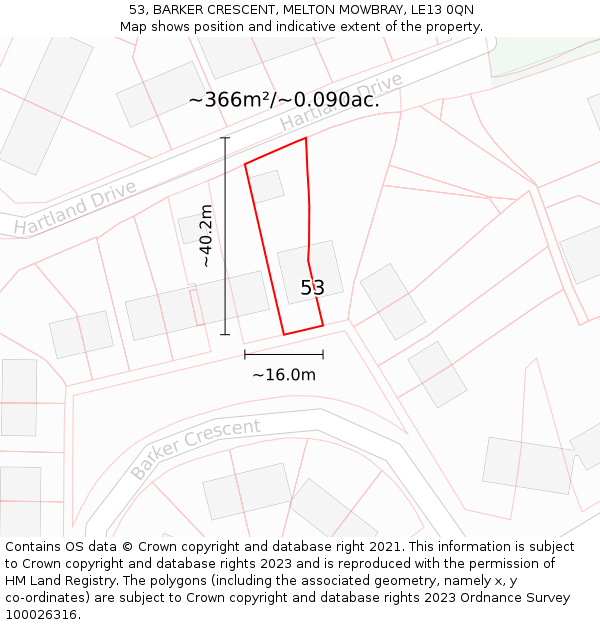 53, BARKER CRESCENT, MELTON MOWBRAY, LE13 0QN: Plot and title map