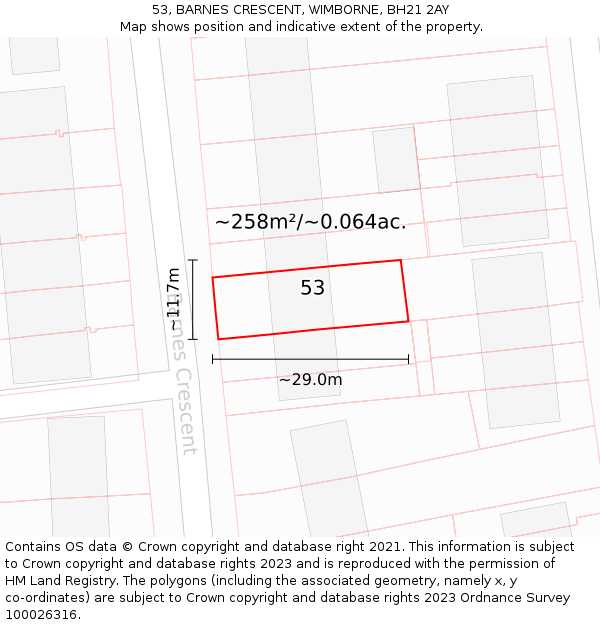 53, BARNES CRESCENT, WIMBORNE, BH21 2AY: Plot and title map