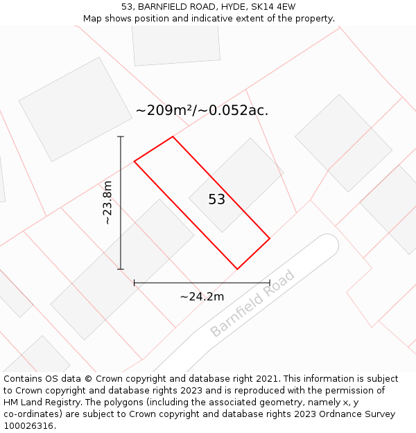 53, BARNFIELD ROAD, HYDE, SK14 4EW: Plot and title map