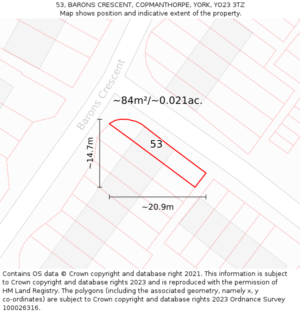 53, BARONS CRESCENT, COPMANTHORPE, YORK, YO23 3TZ: Plot and title map