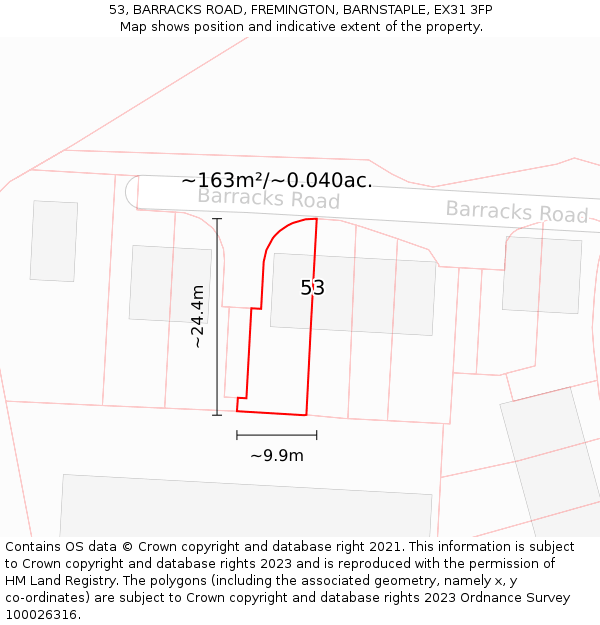 53, BARRACKS ROAD, FREMINGTON, BARNSTAPLE, EX31 3FP: Plot and title map