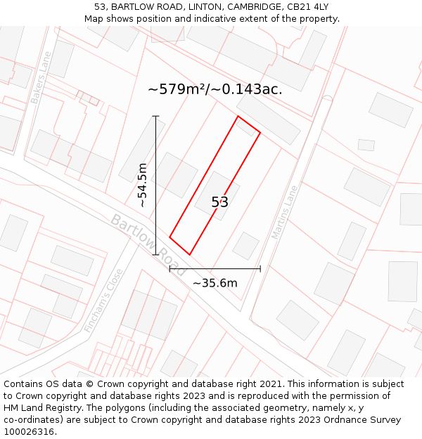 53, BARTLOW ROAD, LINTON, CAMBRIDGE, CB21 4LY: Plot and title map