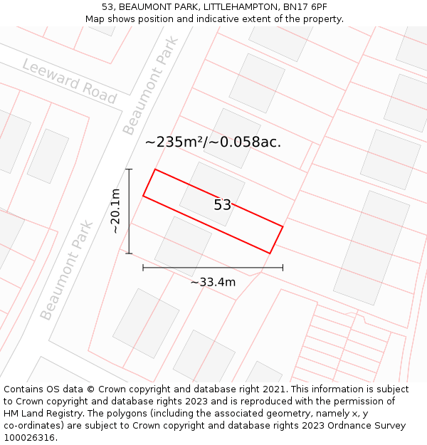 53, BEAUMONT PARK, LITTLEHAMPTON, BN17 6PF: Plot and title map