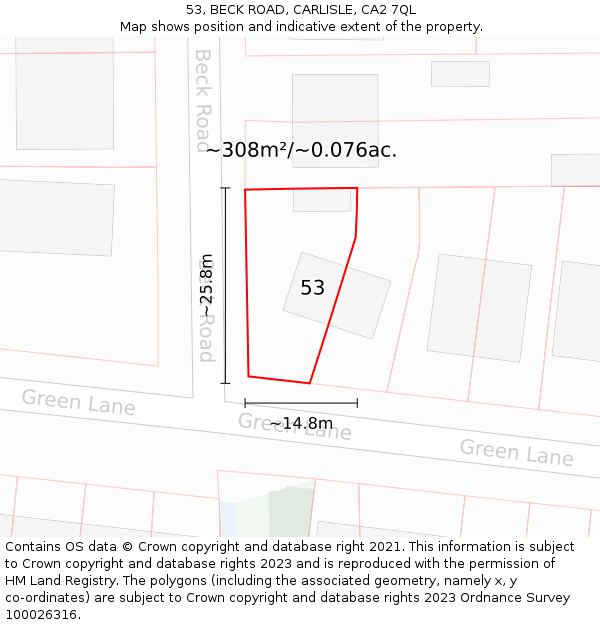 53, BECK ROAD, CARLISLE, CA2 7QL: Plot and title map