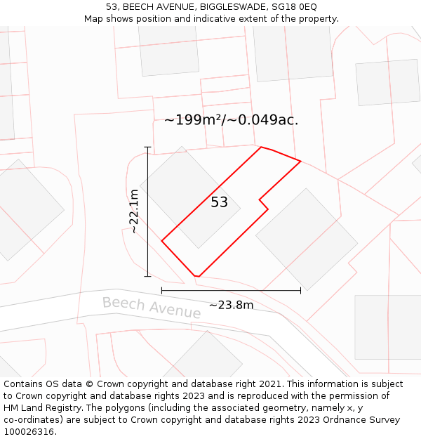 53, BEECH AVENUE, BIGGLESWADE, SG18 0EQ: Plot and title map