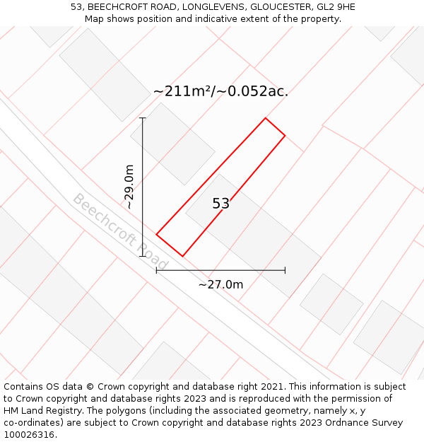 53, BEECHCROFT ROAD, LONGLEVENS, GLOUCESTER, GL2 9HE: Plot and title map
