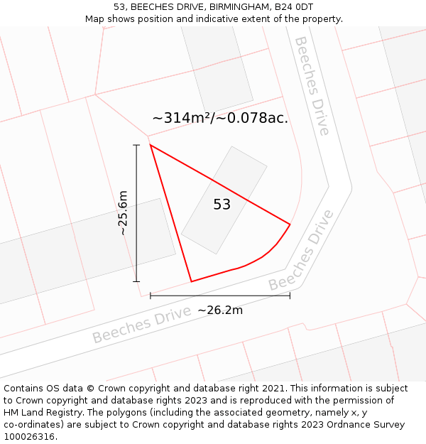 53, BEECHES DRIVE, BIRMINGHAM, B24 0DT: Plot and title map