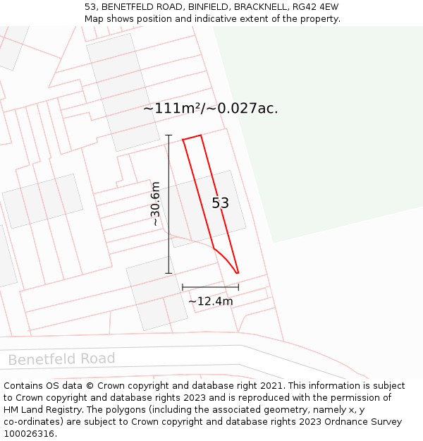 53, BENETFELD ROAD, BINFIELD, BRACKNELL, RG42 4EW: Plot and title map