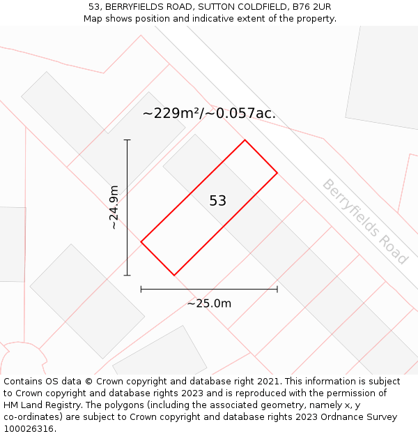 53, BERRYFIELDS ROAD, SUTTON COLDFIELD, B76 2UR: Plot and title map