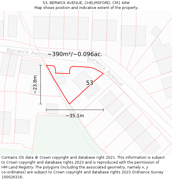 53, BERWICK AVENUE, CHELMSFORD, CM1 4AW: Plot and title map