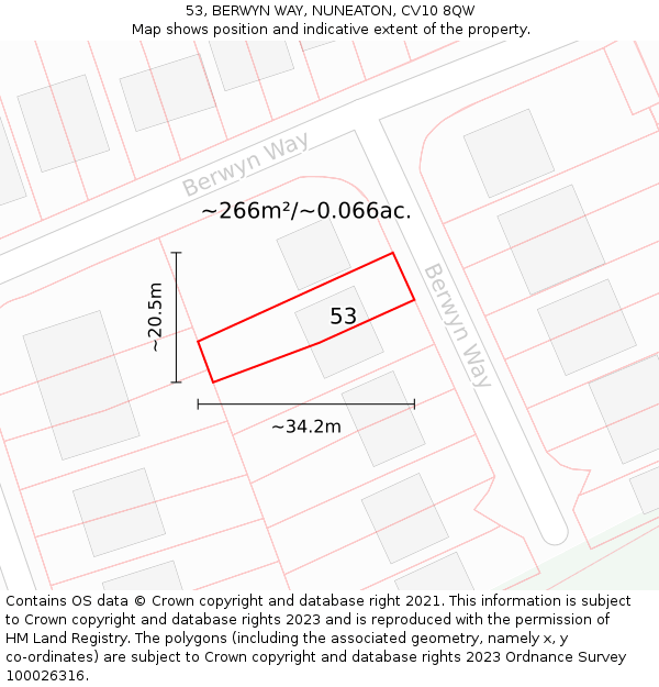 53, BERWYN WAY, NUNEATON, CV10 8QW: Plot and title map