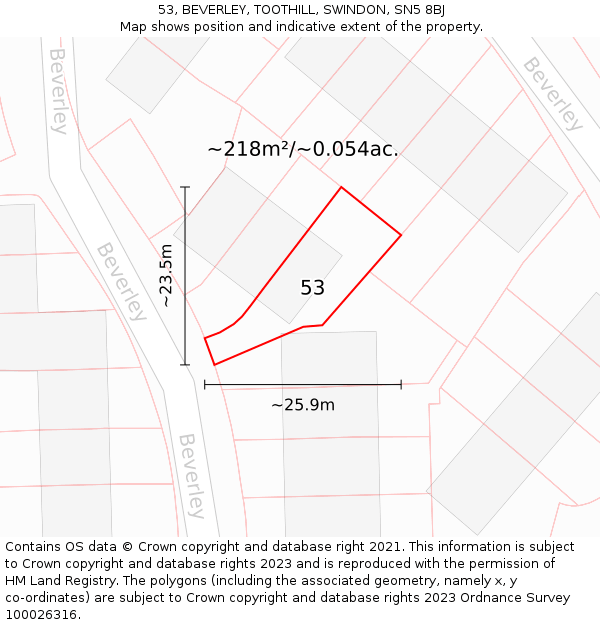 53, BEVERLEY, TOOTHILL, SWINDON, SN5 8BJ: Plot and title map