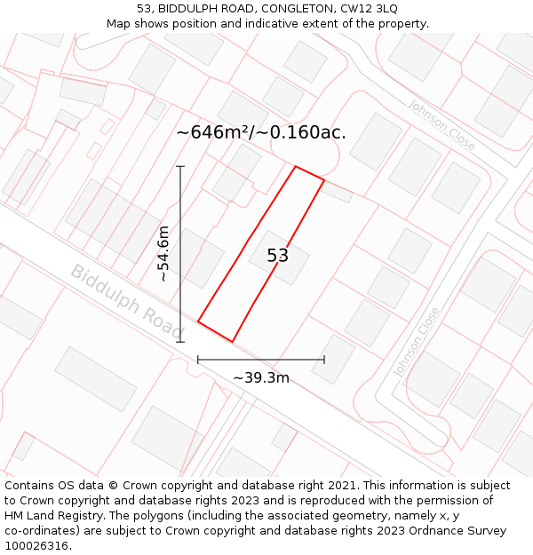 53, BIDDULPH ROAD, CONGLETON, CW12 3LQ: Plot and title map