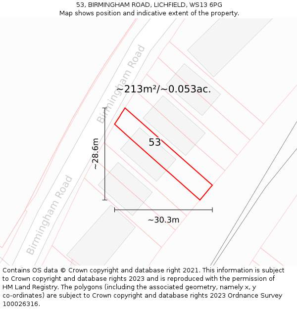 53, BIRMINGHAM ROAD, LICHFIELD, WS13 6PG: Plot and title map